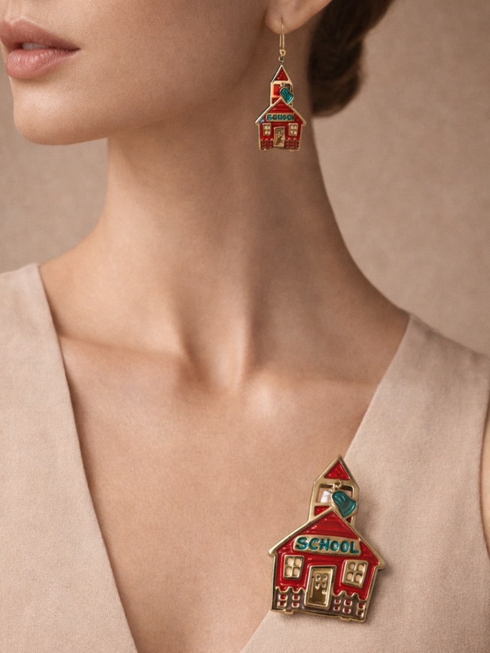 Two Hands School Earrings Brooch Set Teacher Jewelry Red Schoolhouse Pin